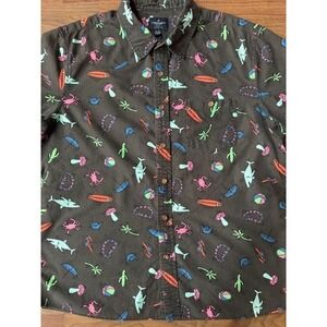 American Eagle Outfitters Button Down Shirt Luau Theme XL Shark Mushrooms Cactus